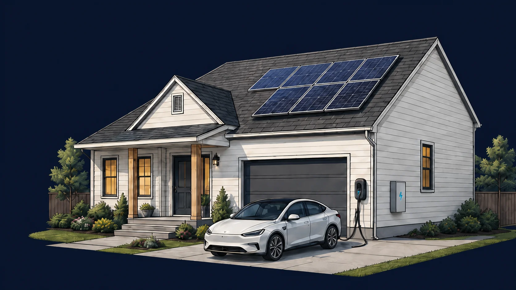 A detached home with rooftop solar, compact wall-mounted energy equipment, and an electric vehicle connected to a charger.