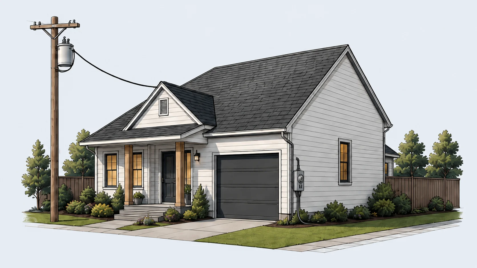 A utility pole and service cable connect to the meter on a detached home.